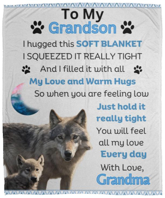 To My Grandson Wolf Cozy Plush Fleece Blanket