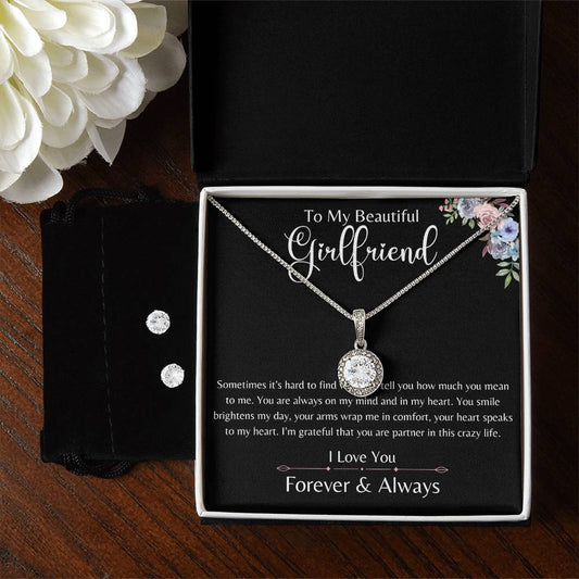 To My Beautiful Girlfriend Eternal Hope Necklace + Clear CZ Earrings/From partner, boyfriend/Valentine's day gift, Birthday Gift, Anniversary Gift, Christmas Gift