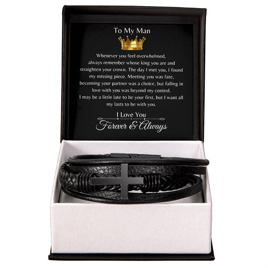 To My Man Straighten Your Crown, Men's Cross Bracelet/For husband, Partner, Boyfriend/Valentine's Day, Birthday, Anniversary, Christmas gift