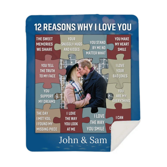 Personalized Picture, 12 Reasons Why I Love You-Premium Sherpa Blanket 50×60. Perfect Valentine's gift, Anniversary, Birthday.